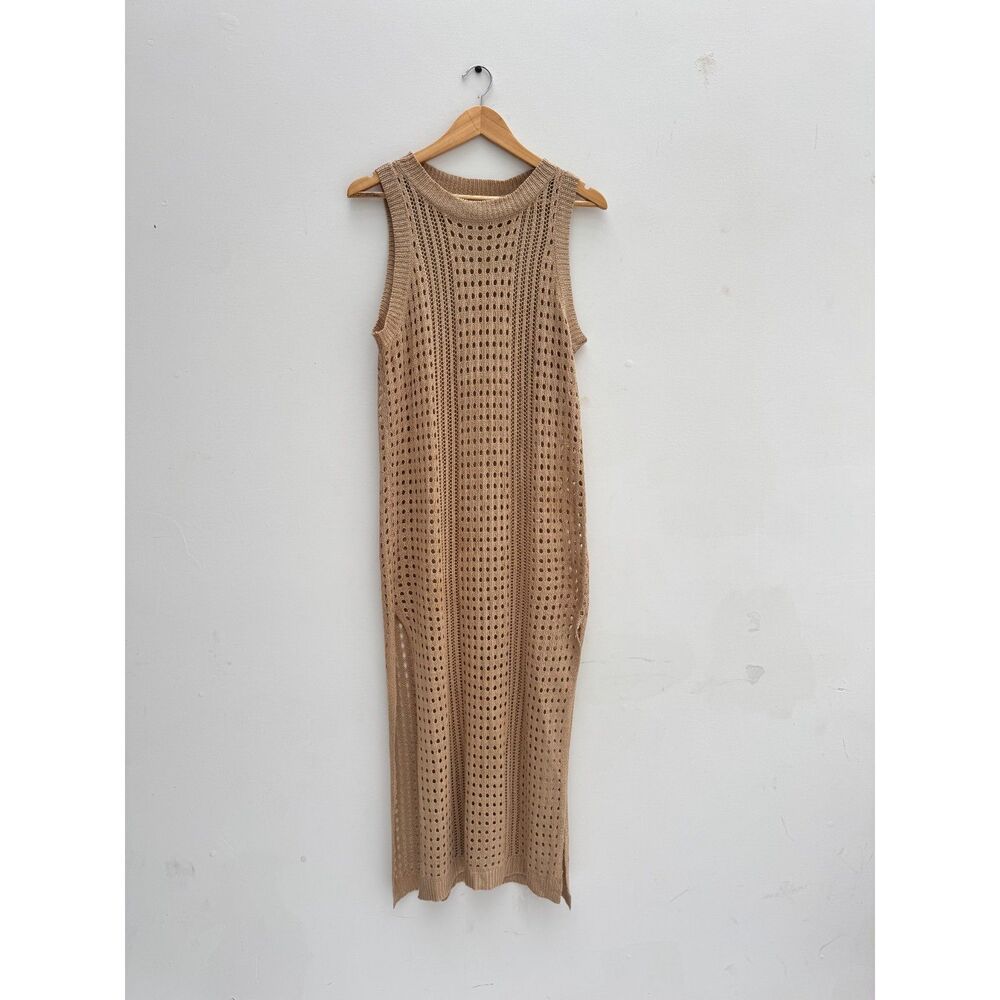 Tan Crochet Knit Sleeveless Maxi Tank Dress Women's Large